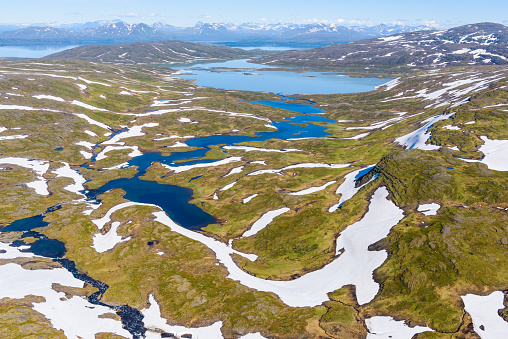 Aerial view of lakes and mountain scenery