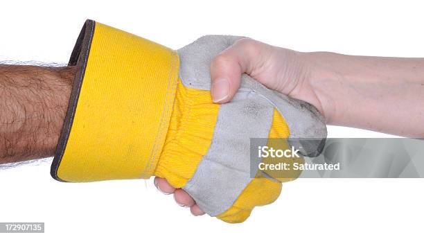 Handshake One Hand With Work Glove Stock Photo - Download Image Now - Handshake, Protective Glove, White Background