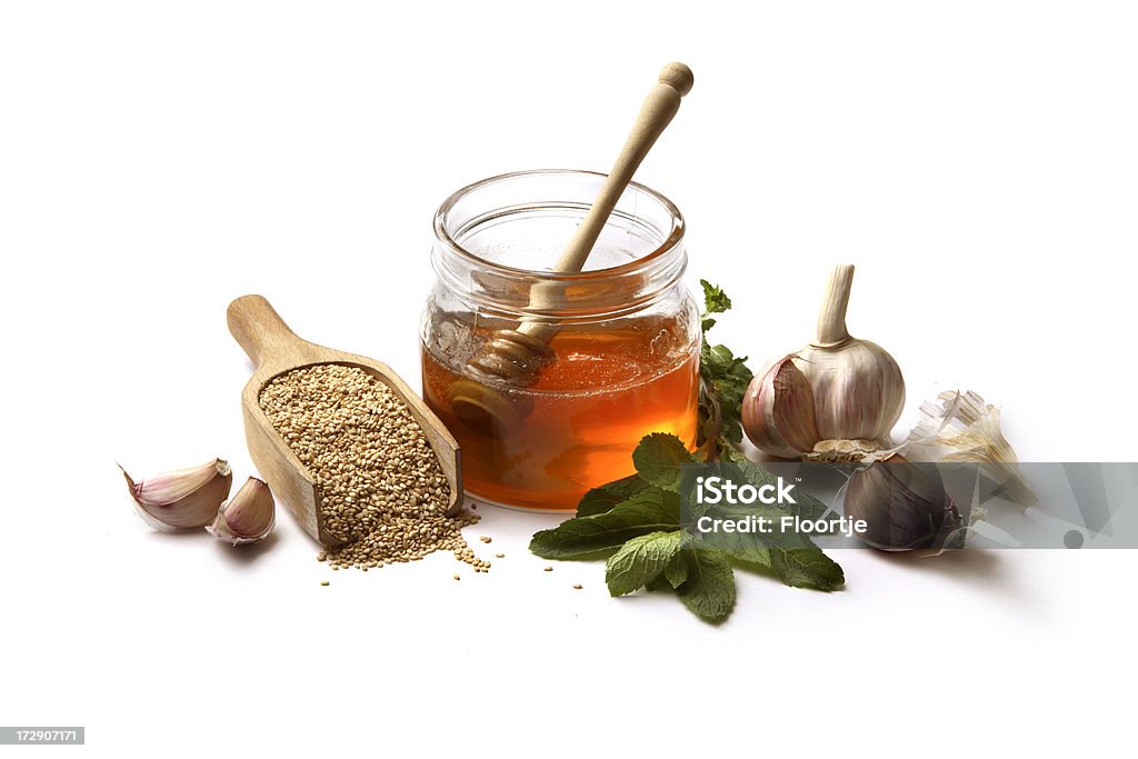 Aroma: Sementes de gergelim, alho, mel e hortelã - Foto de stock de Alho royalty-free