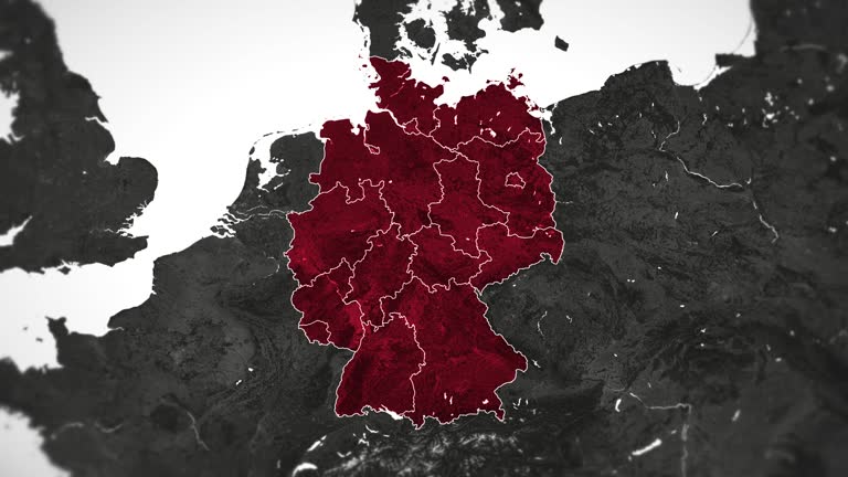 Zoom in on monochrome map of Germany, 4K, high quality, dark theme, simple world map, monochrome style, night, highlighted country and cities, satellite and aerial view of provinces, state, city,