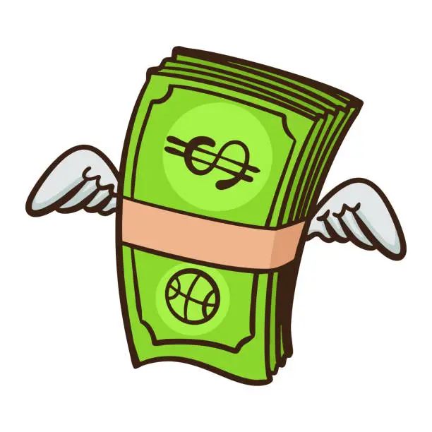 Vector illustration of Hand drawn dollar money stack with wings flying cartoon illustration isolated on white