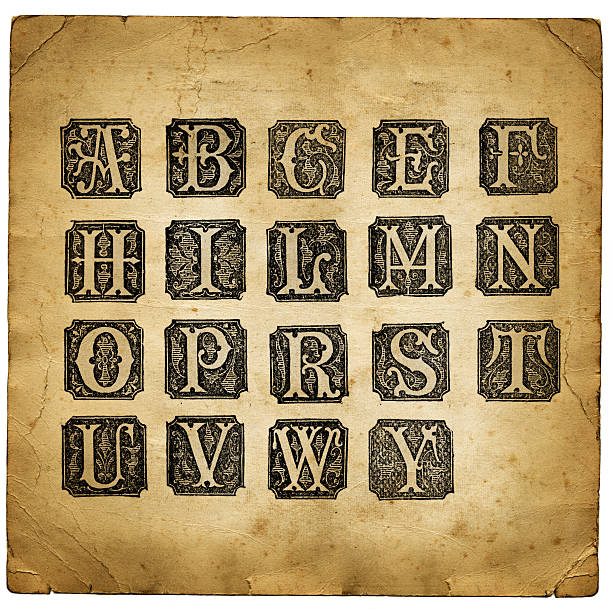 Retro letters Victorian style capital letters on an old bit of paper. Note not the whole alphabet medieval illuminated letter stock pictures, royalty-free photos & images