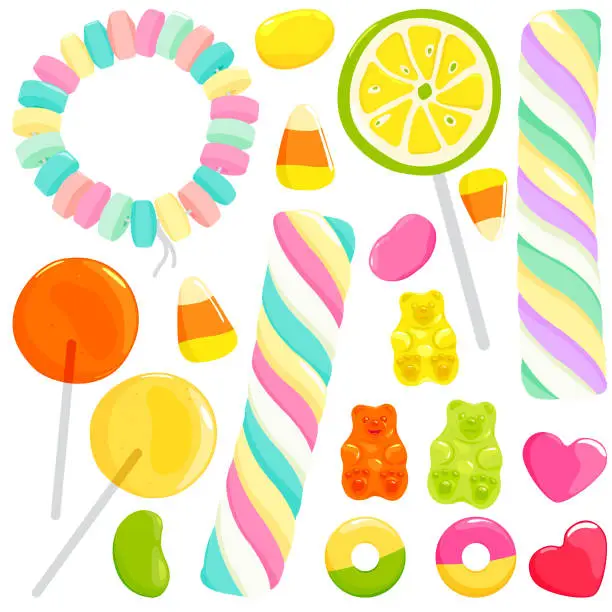 Vector illustration of Collection of colorful lollipops, gummy and jelly candy bears. Vector illustration
