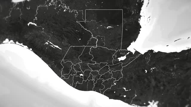 Zoom in on monochrome map of Guatemala, 4K, high quality, dark theme, simple world map, monochrome style, night, highlighted country and cities, satellite and aerial view of provinces, state, city,