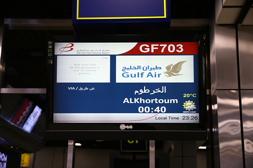 Manama, Bahrain - 17 Feb 2017: Scoreboard in Bahrain airport