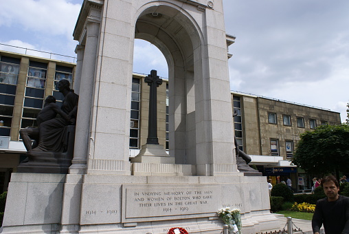 arch of Bolton war memorial, Festival near Bolton Town Hall, Bolton, United Kingdom, August 08, 2009