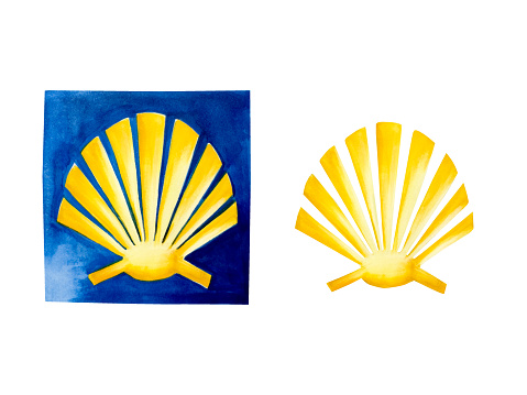 Watercolor touristic symbol of the Camino de Santiago illlustration. The yellow scallop shells signing the way to santiago de compostela on the st james pilgrimage route isolated on white background. Clip art for designers, travel business