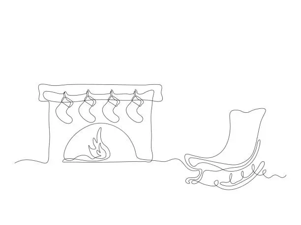 Vector illustration of abstract fireplace with a burning hearth, bonfire with socks for christmas gifts and rocking chair continuous one line art. Cozy winter, autumn, sweet home