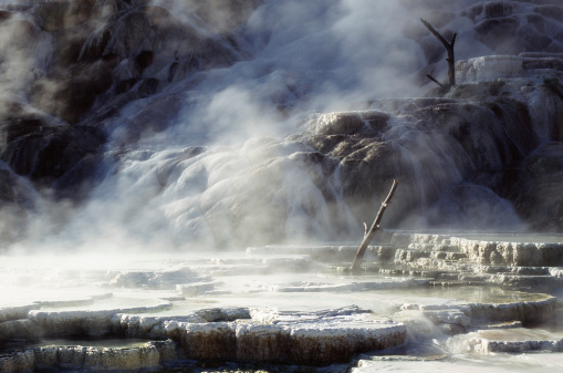 Mammoth Hotspring with steam