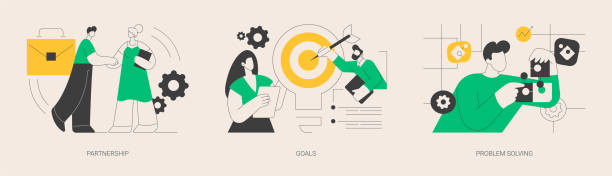 Cooperation and teamwork abstract concept vector illustrations. Cooperation and teamwork abstract concept vector illustration set. Partnership and goals, problem solving, business partner, strategic planning, decision making and mission setting abstract metaphor. cartoon of conclusion stock illustrations