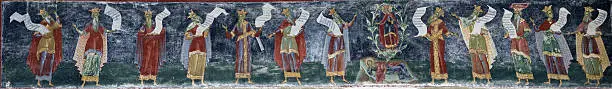 "Ancient Greek Philosophers and artists, painted (1601)in byzantine style on the wall of the Sucevita Monastery (Romania)"