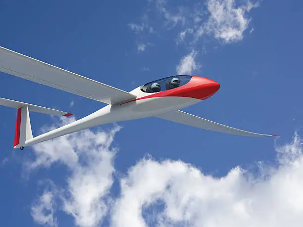 Close view of a red and white glider against a sky. Very high resolution 3D render.