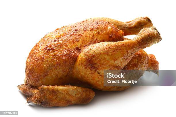 Poultry Roast Chicken Isolated On White Background Stockfoto en meer beelden van Geroosterde kip