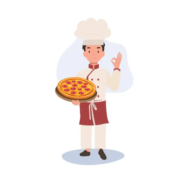 Vector illustration of Young Chef Showing OK Sign. Happy Chef Doing OK Hand Sign and holding homemade pizza on tray in other hand