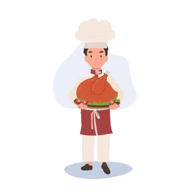 Vector illustration of Young Chef in Chef Hat and Apron is Serving Whole Roasted Turkey.