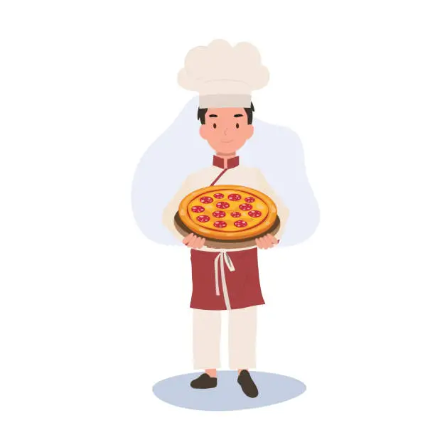 Vector illustration of Young Chef Cooking Delicious Homemade Pizza. Child Chef in Chef Hat Serving Pizza