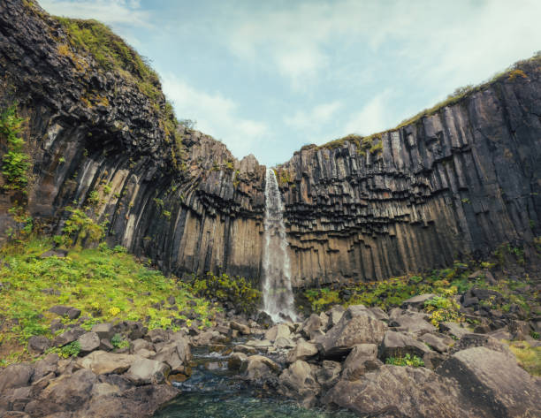 Wide angle view of the Waterfall in Skaftafell, Iceland