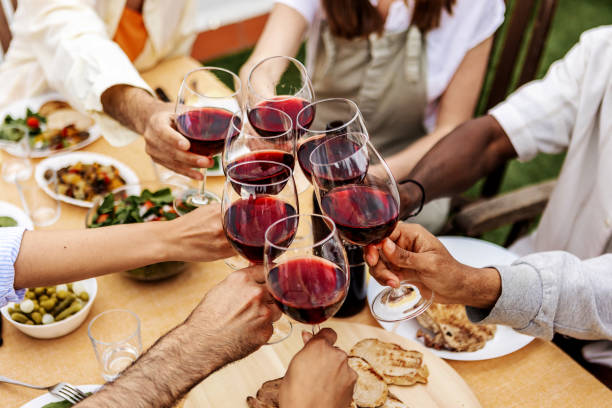 istock Group of young people toasting red wine at rooftop party 1729168670