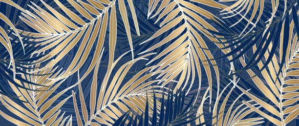 istock Luxury tropical background with gold, blue and white palm branches. Beautiful vector background for various designs, creating wallpapers, cards, posts on social networks. 1729169361