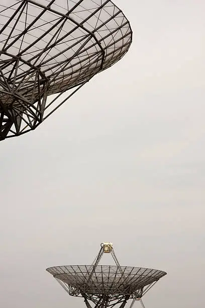 "Radiotelescope antennas. Looking up, searching for ...."