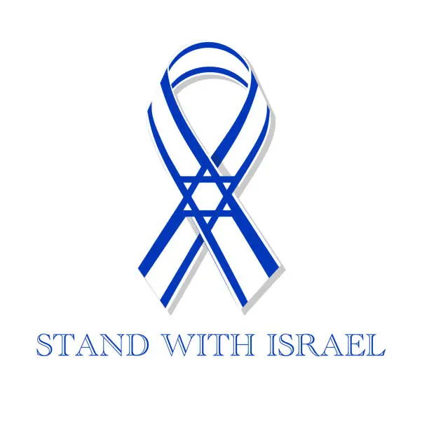 Vector illustration of Israel wave ribbon with Text Stand with Israel. Mourning Ribbon Flag. Logo symbol. blue white Israeli strip flag.  military conflict. vector illustration. Israel-Palestine Conflict