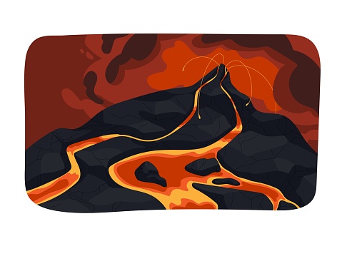 Red smoke, ash clouds over erupting, active volcano. Hot volcanic lava, magma flowing on rock from crater, mouth of mountain. Seismic activity. Natural disaster, catastrophe flat vector illustration.