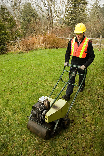 istock Landscaper aerating lawn while wearing high visibility vest 172918985