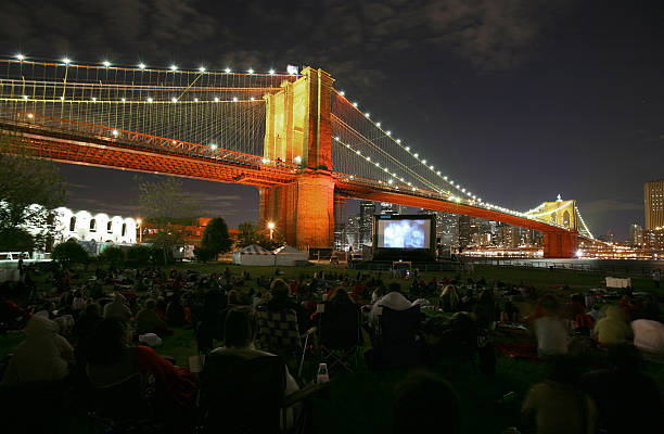 Movie Night Under Brooklyn Bridge stock photo
