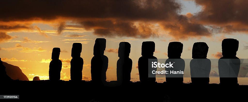 Tongariki sunrise Easter Island Sunrise panorama of the Tongariki moai statues on the Easter island Ancient Stock Photo