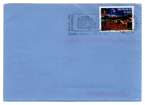 An envelope posted from Monaco and bearing a postmark advertising the Monte Carlo Grand Prix.