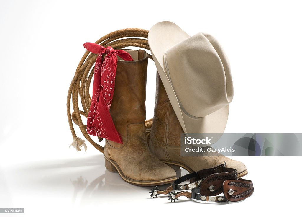 Cowboy Accessories Hatbootsspurropebandanaisolated On White Stock
