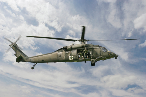 UH-60 military helicopters flying over Kabul City at sunset