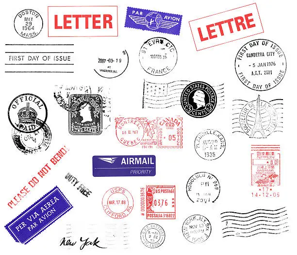 You can see real 27 postmarks: Boston, Letter, Par Avion, Lettre, First Day Isssue, Vancouver, First Day of Issue Canberra City Australia, England Official Paid, Two cents washington, Us Flag with Washington, Montreal Quebec Canada, Plainville Kansas, Souvenir de la Tour Eiffel, Please Do Not Bend, Airmail Priority, Honolulu Hawaii, Kawasaki Kamihirama Nippon, Per Via Aerea, Duty Free, US Postage Clifford PA, New York, Castries St Lucia, New York and waves.
