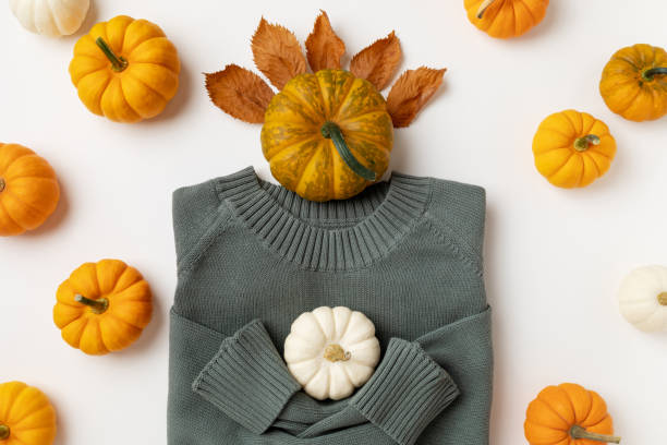 istock Autumn Thanksgiving holiday background from knitted sweater with decorative pumpkins pattern and dried leaves foliage top view. Fall, halloween, autumn harvest concept. 1729219818