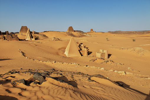The ancient pyramids of Meroe in Sahara desert, Sudan, Nubia