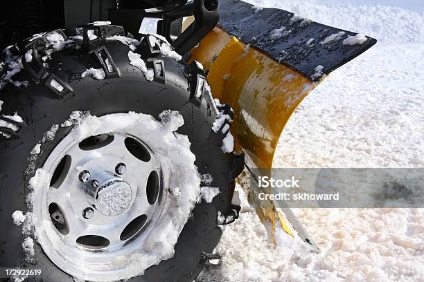 Plowing Snow With Blade Mounted On An Atv Stock Photo - Download Image Now - Snowplow, Quadbike, Off-Road Vehicle