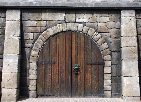 Medieval door with lion head door knocker.