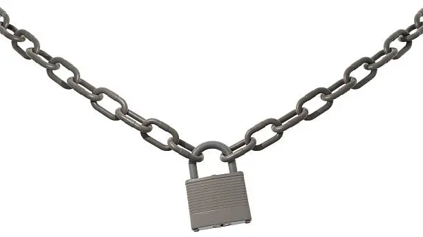 Chain with padlock on a white background.This is a detailed 3d rendering.