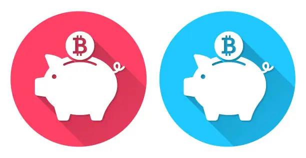 Vector illustration of Piggy bank with Bitcoin coin. Round icon with long shadow on red or blue background