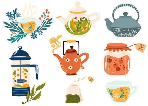 Tea set. Herbs, herbal tea, homeopathic naturopathic essentials, healing plants. Homeopathy, aromatherapy, natural traditional medicine. Flat graphic vector illustration isolated on white background