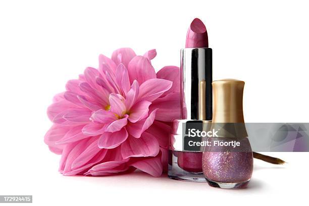 Cosmetics Nail Polish Lipstick And Flower Stock Photo - Download Image Now - Lipstick, Luxury, Nail Polish