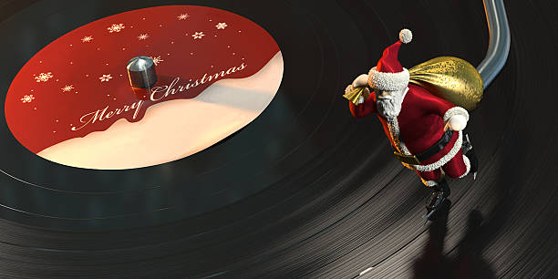 carte de noël avec santa skate sur un disque de vinyle - santa claus audio photos et images de collection