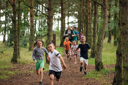 A group of children and their parents taking part in a fun run in a public park in Cramlington, North East England. The main focus \nis the children running through a woodland area and trying to win the race.\n\nVideos are also available for this scenario.