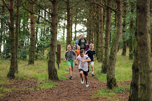 A group of children and their parents taking part in a fun run in a public park in Cramlington, North East England. The main focus 
is the children running through a woodland area and trying to win the race.

Videos are also available for this scenario.