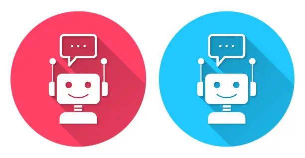 Vector illustration of Chatbot with speech bubble. Round icon with long shadow on red or blue background