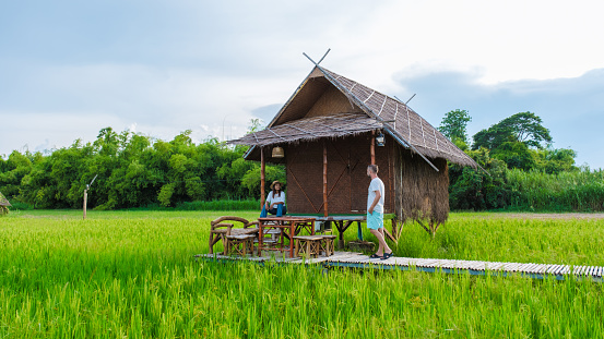 a couple of men and woman at a small homestay at the farm with a green rice paddy field in Central Thailand