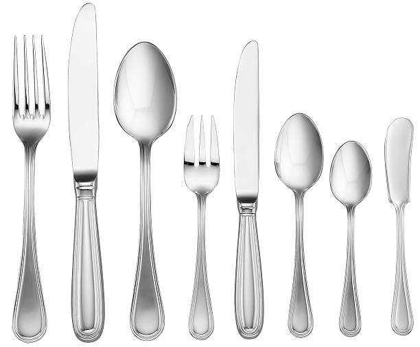 ensemble d'argenterie (tracé de détourage - flatware silverware in a row eating utensil photos et images de collection