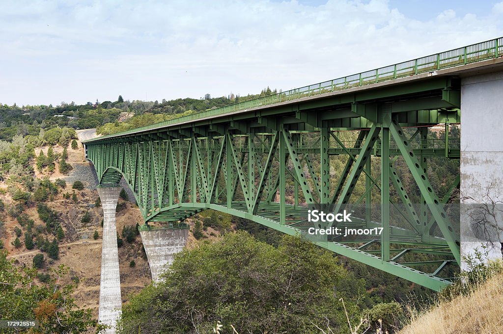 730 foot Foresthill Bridge in Northern California "Located in Northern California outside of Auburn is this 730 foot high bridge, the highest in California. Overlooking the American River Canyon with the North and Middle fork conversion of the American River. Used in various movies for its dramatic views." Architectural Feature Stock Photo