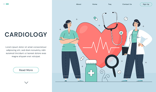 Vector illustration of two female doctors on a cardiology-themed landing page. They stand beside a large heart, a stethoscope, a pill bottle, and pills, symbolizing comprehensive heart health care and expertise. Perfect for promoting cardiology services, healthcare, medical professionals, and heart wellness.
