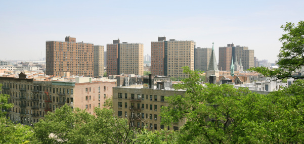 Hi-rise residential blocks of public housing project in Central Harlem.